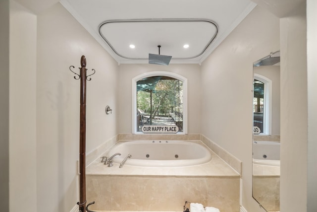 302 Tall Pines Dr, Magnolia, TX 77354 - bathroom featuring ornamental molding and a tub with jets