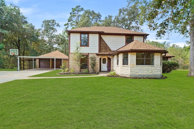 302 Tall Pines Dr, Magnolia, TX 77354 - view of front of house with a garage, a front lawn, a shingled roof, concrete driveway, and a carport