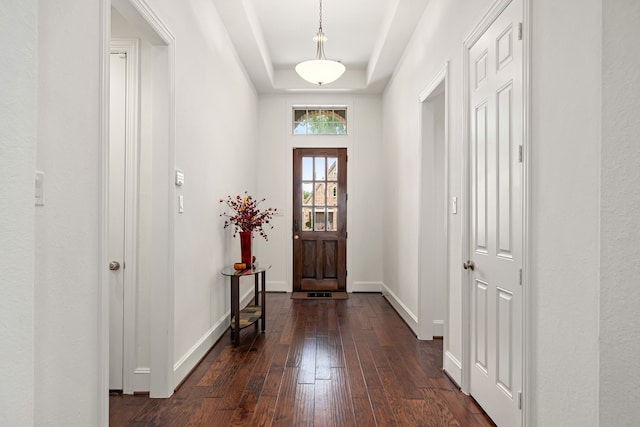 entrance foyer featuring dark wood-type flooring, baseboards, and a tray ceiling