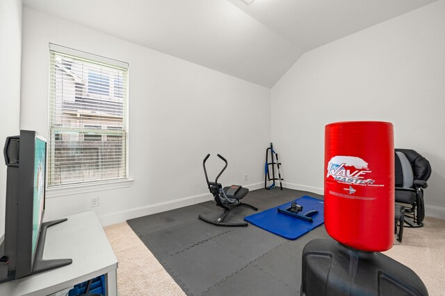 workout room featuring lofted ceiling, baseboards, and carpet floors