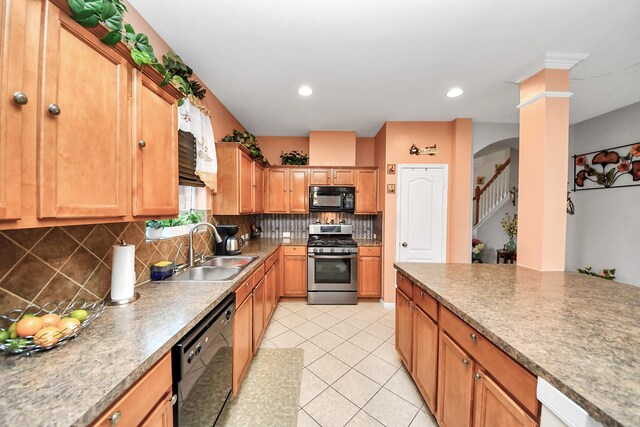 20115 Sunflower Chase Dr, Katy, TX 77449 - kitchen with black appliances, a sink, tasteful backsplash, light tile patterned floors, and recessed lighting