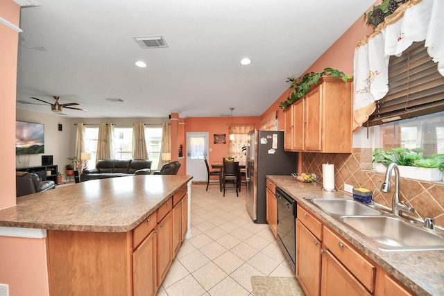 20115 Sunflower Chase Dr, Katy, TX 77449 - kitchen featuring a sink, black dishwasher, decorative backsplash, light tile patterned flooring, and a ceiling fan