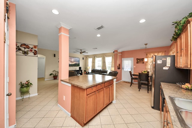 20115 Sunflower Chase Dr, Katy, TX 77449 - kitchen with light tile patterned flooring, a ceiling fan, open floor plan, recessed lighting, and a sink