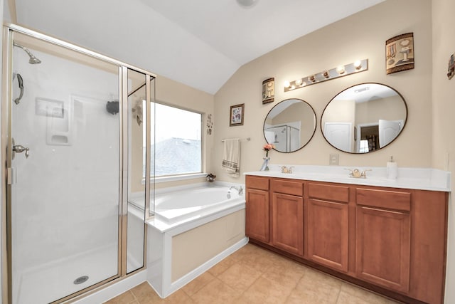 20115 Sunflower Chase Dr, Katy, TX 77449 - full bath with lofted ceiling, a stall shower, a garden tub, double vanity, and tile patterned flooring