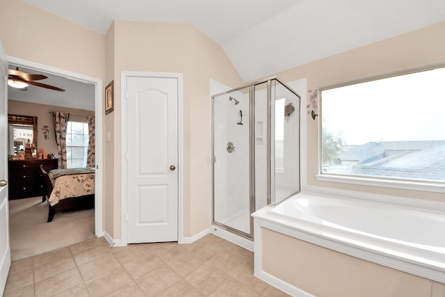 20115 Sunflower Chase Dr, Katy, TX 77449 - ensuite bathroom with a shower stall, a bath, vaulted ceiling, ceiling fan, and tile patterned floors