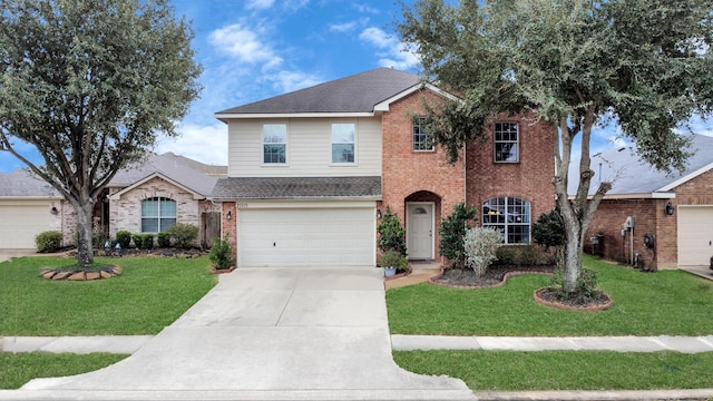 20115 Sunflower Chase Dr, Katy, TX 77449 - traditional home with brick siding, driveway, a front lawn, and an attached garage