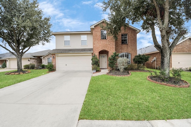 20115 Sunflower Chase Dr, Katy, TX 77449 - traditional-style home with driveway, brick siding, a front lawn, and an attached garage