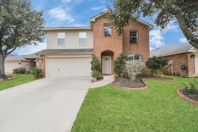 20115 Sunflower Chase Dr, Katy, TX 77449 - traditional-style home featuring brick siding, concrete driveway, an attached garage, and a front yard
