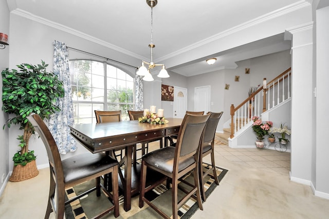 20115 Sunflower Chase Dr, Katy, TX 77449 - dining area featuring baseboards, crown molding, stairway, a chandelier, and light carpet