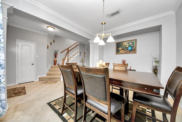 20115 Sunflower Chase Dr, Katy, TX 77449 - dining area featuring stairway, light tile patterned flooring, crown molding, decorative columns, and baseboards