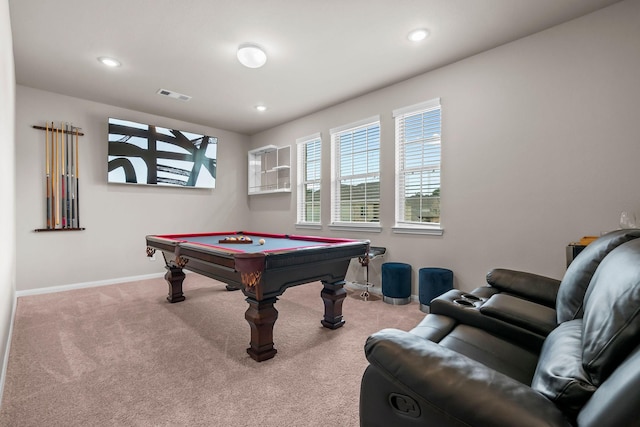 game room featuring carpet flooring, pool table, visible vents, baseboards, and recessed lighting