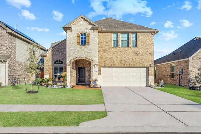 view of front of property featuring stone siding, a garage, a front yard, brick siding, and driveway