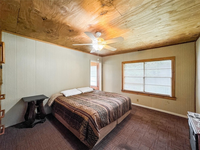 6710 County Road 203, Liverpool, TX 77577 - bedroom featuring wood ceiling, wood walls, and ceiling fan