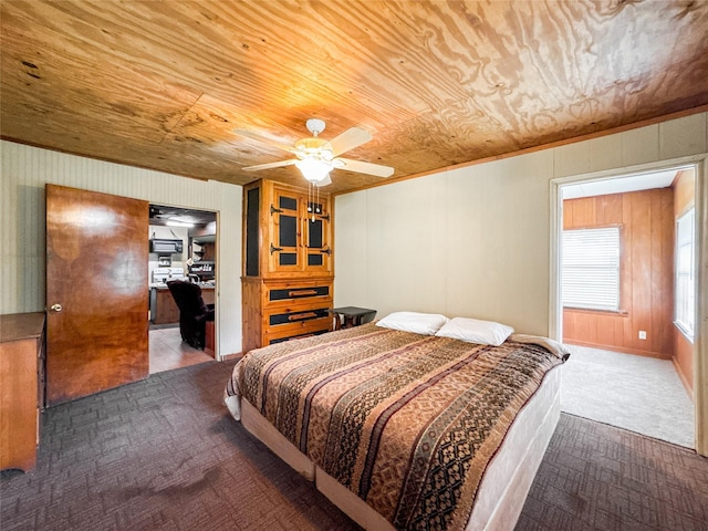 6710 County Road 203, Liverpool, TX 77577 - bedroom featuring a ceiling fan, carpet flooring, crown molding, and wood ceiling