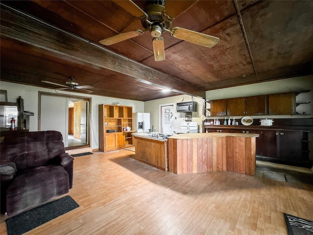 6710 County Road 203, Liverpool, TX 77577 - kitchen with light wood-style floors, ceiling fan, and black microwave