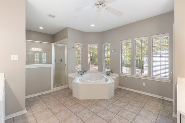 20111 Hilltop Ranch Dr, Montgomery, TX 77316 - bathroom with a ceiling fan, visible vents, a shower stall, tile patterned flooring, and a jetted tub