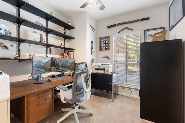 20111 Hilltop Ranch Dr, Montgomery, TX 77316 - office area featuring light carpet, baseboards, and a ceiling fan