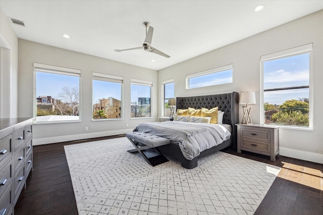 bedroom featuring dark wood-style flooring, baseboards, ceiling fan, and recessed lighting