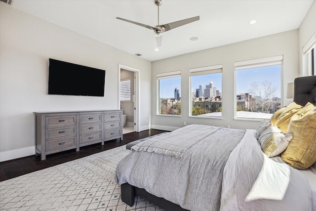 308 Willard, Houston, TX 77006 - bedroom with baseboards, recessed lighting, dark wood-type flooring, and a ceiling fan