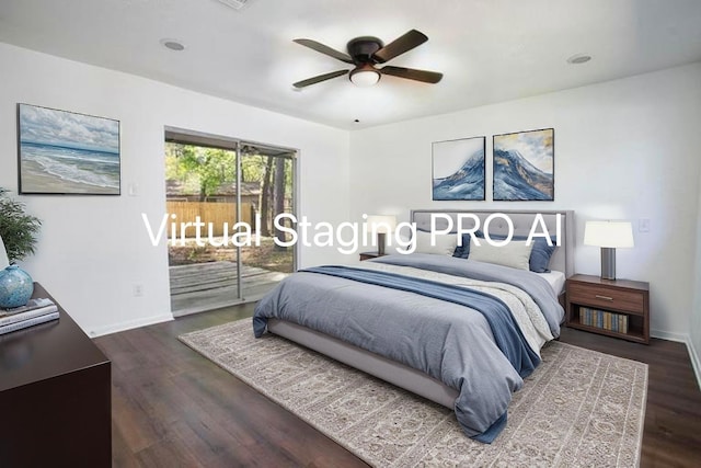 bedroom with baseboards, access to outside, and dark wood-type flooring