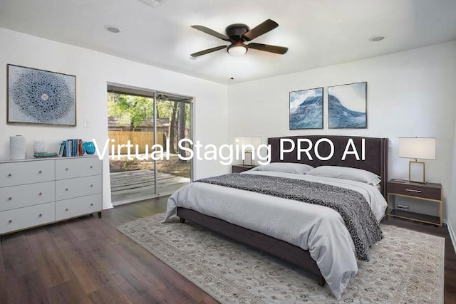 bedroom with a ceiling fan, access to outside, visible vents, and wood finished floors