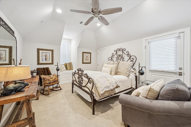 823 Blackshire Ln, Houston, TX 77055 - bedroom with vaulted ceiling, ceiling fan, light carpet, and visible vents