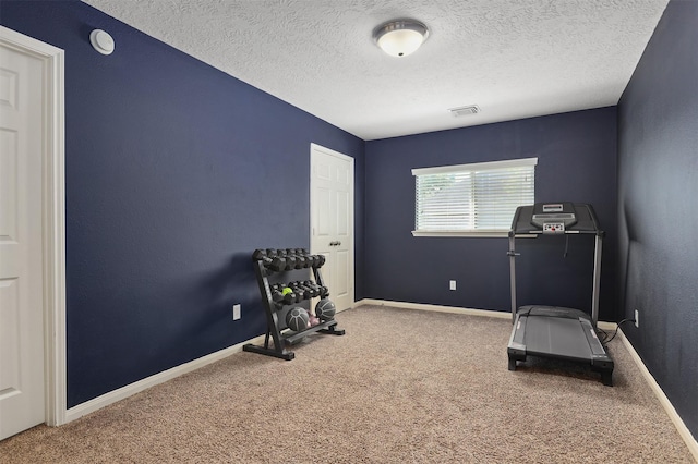 4407 Iron Creek Ct, Fresno, TX 77545 - workout room featuring carpet, a textured ceiling, and baseboards