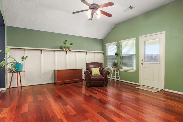 4407 Iron Creek Ct, Fresno, TX 77545 - sitting room featuring a ceiling fan, wood finished floors, vaulted ceiling, and baseboards