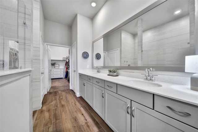 bathroom with double vanity, wood finished floors, a spacious closet, and a sink
