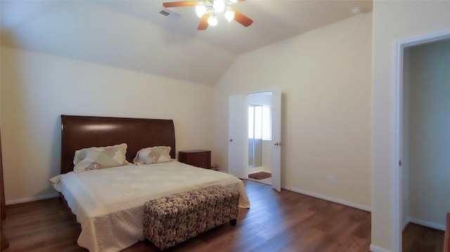 15407 Vincennes Oak St, Cypress, TX 77429 - bedroom featuring wood finished floors, visible vents, vaulted ceiling, ceiling fan, and baseboards