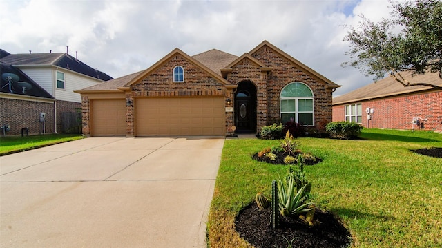15407 Vincennes Oak St, Cypress, TX 77429 - view of front facade with driveway, brick siding, a garage, a shingled roof, and a front yard