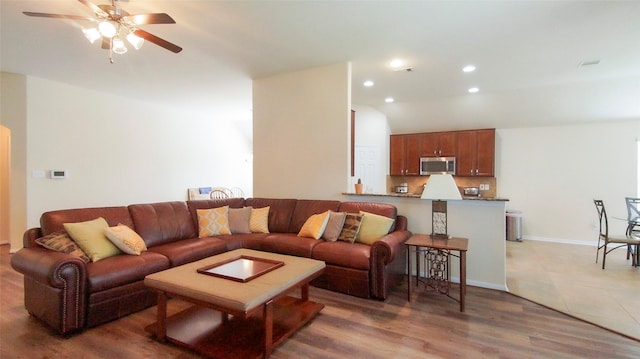 15407 Vincennes Oak St, Cypress, TX 77429 - living room with baseboards, recessed lighting, light wood finished floors, and ceiling fan