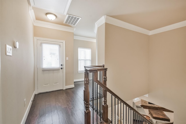 11002 Upland Forest Dr, Houston, TX 77043 - foyer featuring crown molding, visible vents, baseboards, and dark wood-style floors