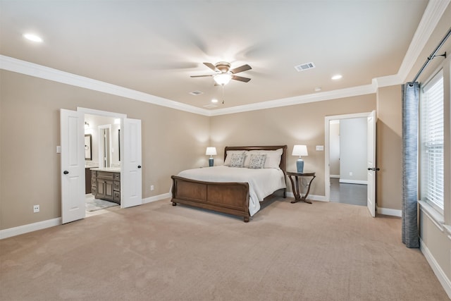 11002 Upland Forest Dr, Houston, TX 77043 - bedroom featuring visible vents, baseboards, light carpet, ornamental molding, and recessed lighting