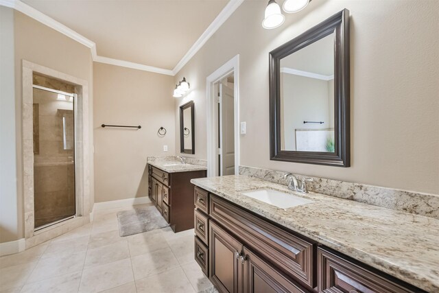11002 Upland Forest Dr, Houston, TX 77043 - bathroom featuring two vanities, a shower stall, ornamental molding, and a sink