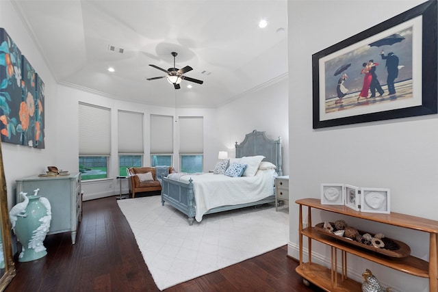 bedroom with recessed lighting, ornamental molding, ceiling fan, visible vents, and hardwood / wood-style floors