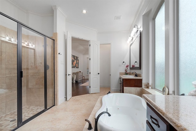 full bathroom with a shower stall, tile patterned floors, vanity, crown molding, and a tub with jets