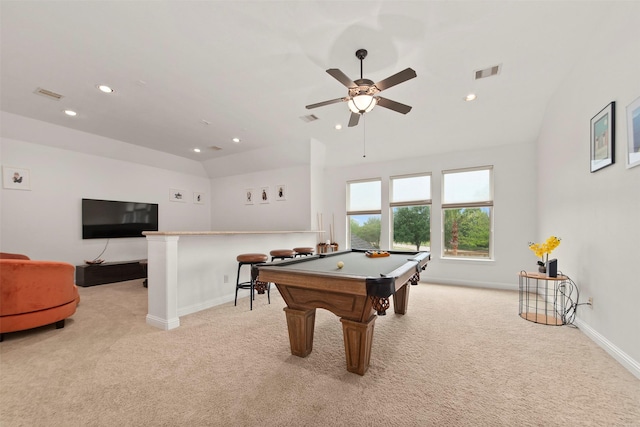 game room featuring light colored carpet, billiards, visible vents, and baseboards