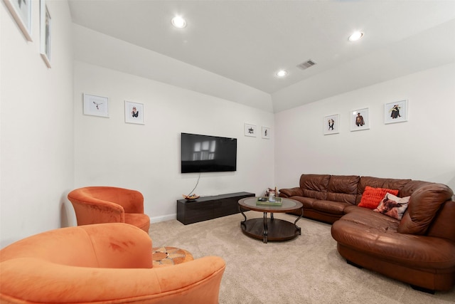 living room with baseboards, recessed lighting, carpet flooring, and visible vents