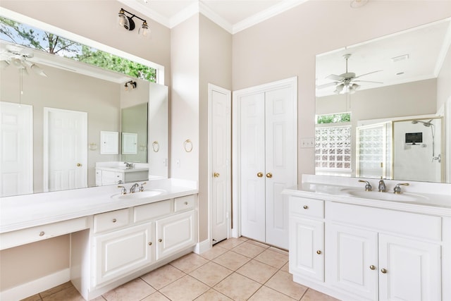 full bath featuring a sink, ceiling fan, ornamental molding, and tile patterned floors