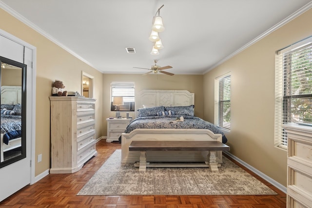 6180 Afton Ln, Beaumont, TX 77706 - bedroom featuring crown molding, baseboards, a ceiling fan, and visible vents