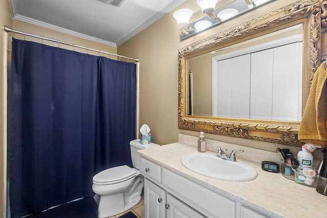 6180 Afton Ln, Beaumont, TX 77706 - bathroom with crown molding, toilet, a shower with shower curtain, and vanity