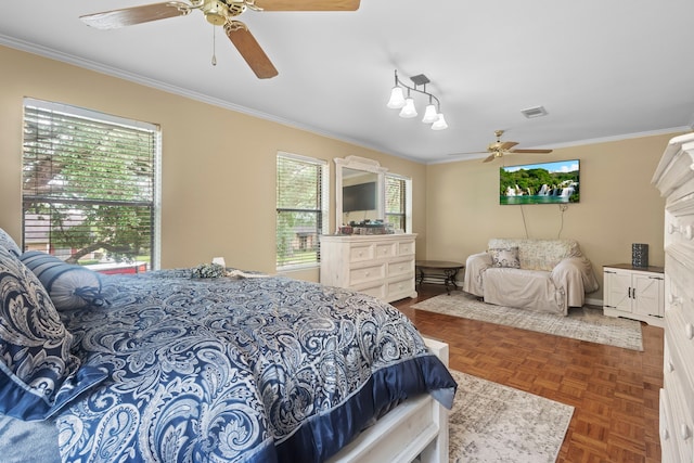6180 Afton Ln, Beaumont, TX 77706 - bedroom with crown molding, visible vents, and a ceiling fan