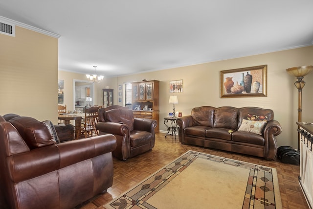 6180 Afton Ln, Beaumont, TX 77706 - living room featuring a chandelier, baseboards, visible vents, and ornamental molding