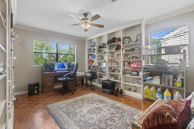 6180 Afton Ln, Beaumont, TX 77706 - office space with ornamental molding, a textured ceiling, baseboards, and a ceiling fan