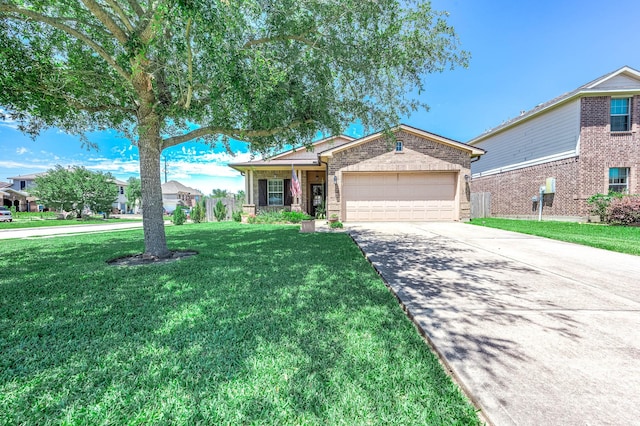 single story home featuring an attached garage, concrete driveway, brick siding, and a front lawn