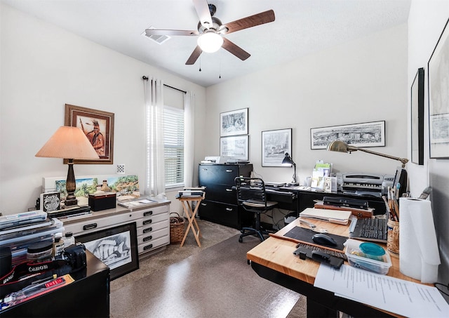 office featuring visible vents and ceiling fan