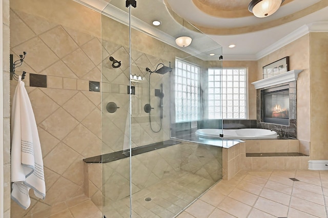 full bath with crown molding, tiled shower, a bath, and tile patterned floors