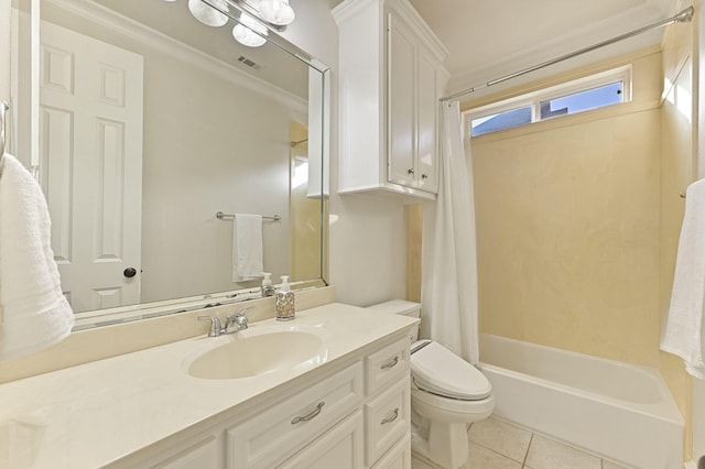 bathroom featuring toilet, vanity, shower / tub combo with curtain, visible vents, and tile patterned floors