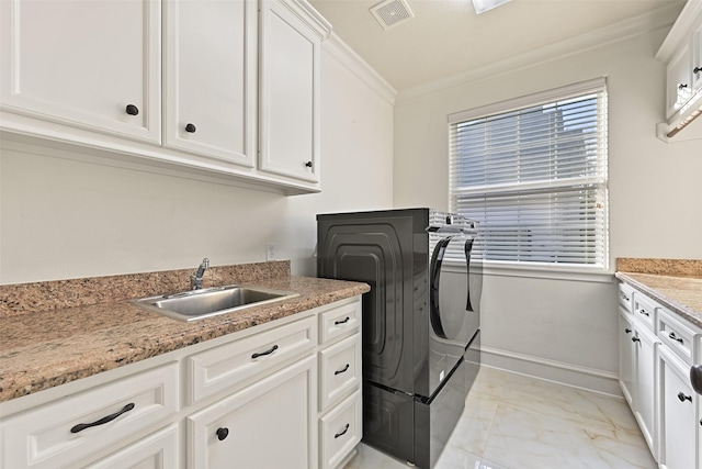 washroom featuring visible vents, marble finish floor, ornamental molding, and a sink